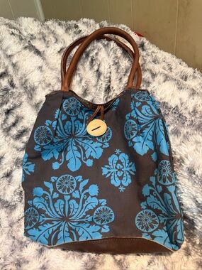 Mongoose Brown & Blue Floral Tote Bag Purse